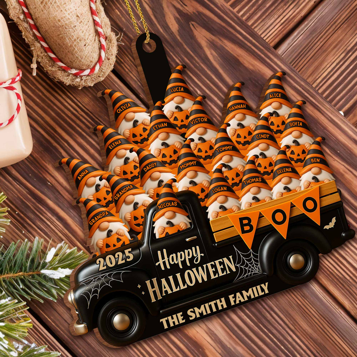 Happy Halloween Family Truck With Pumpkins, Personalized Custom Wood Ornamen