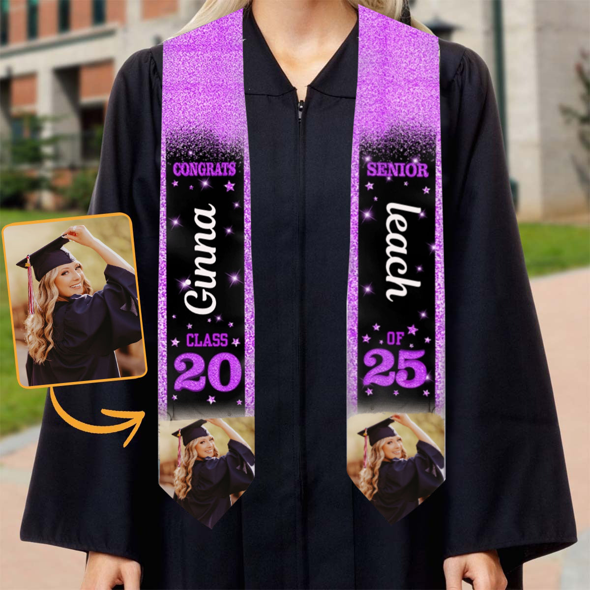 Glitter 2025 Graduation Stole and Lei Custom Photo - Personalized Gift For Graduation