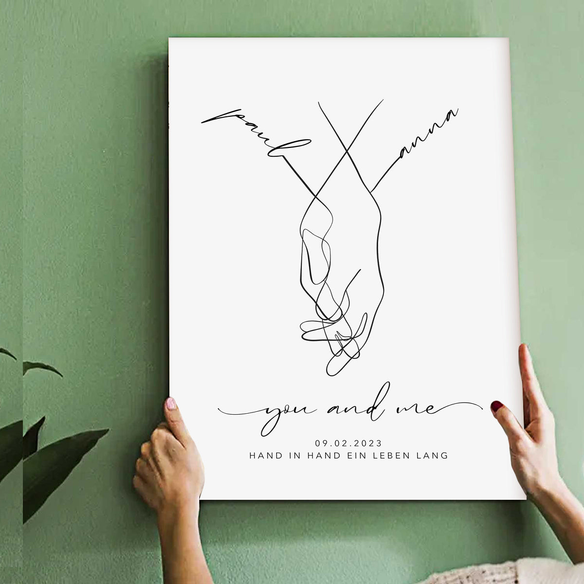 Personalized with name date canvas,hand in hand bride and groom,Wedding gift