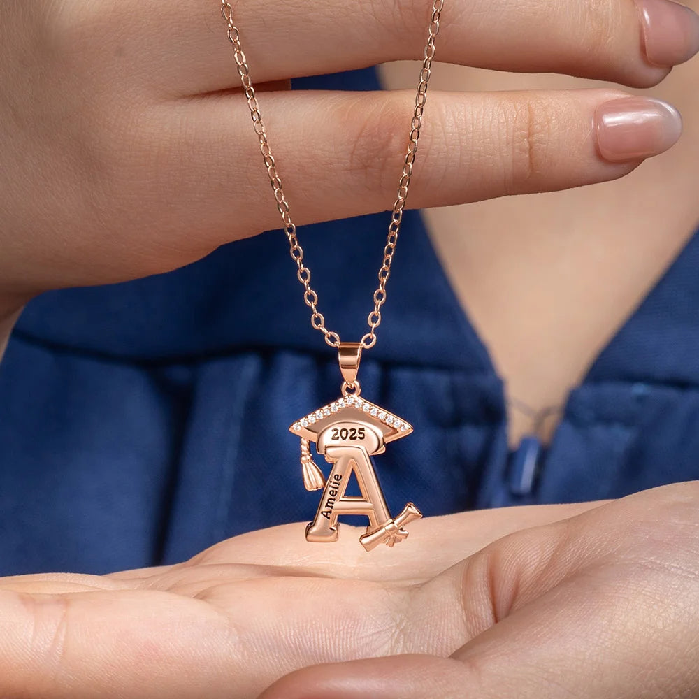 Engraved Name Personalized Bachelor Hat Graduation Initial Necklace