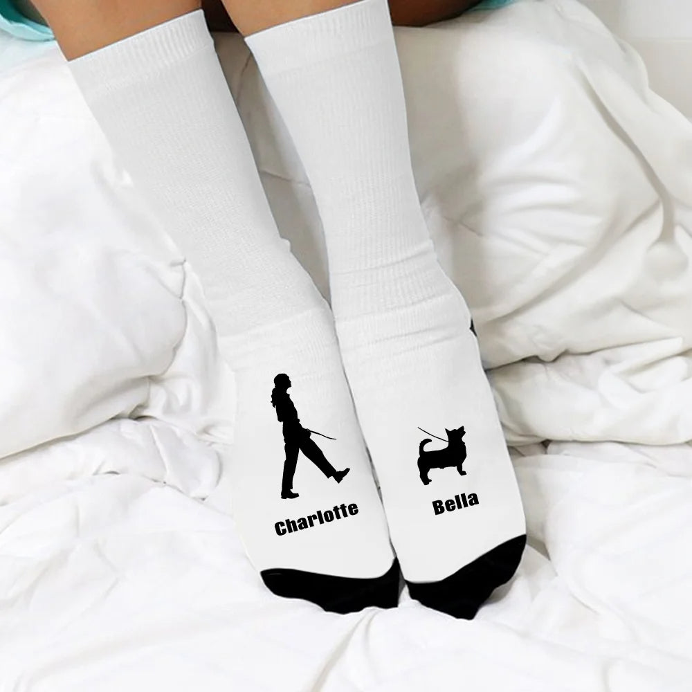 Personalized Dog and Owner Silhouette Soft Mid-calf Socks Gift for Dog Lover