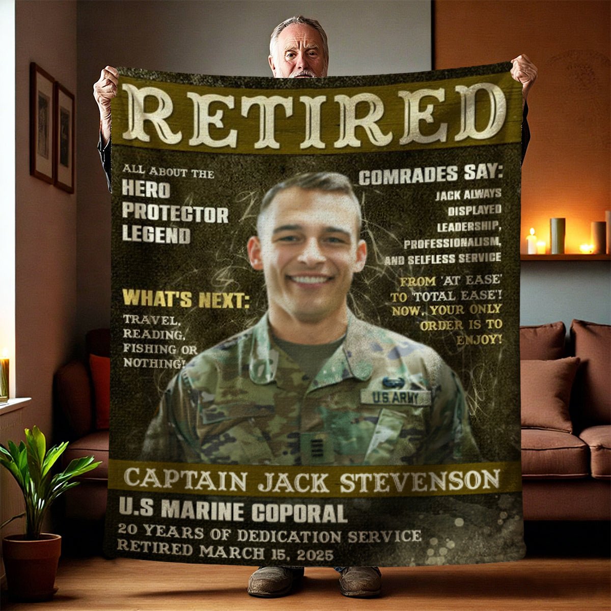 Personalized Military Retirement Magazine Cover Blanket, Army Retirement Gift, Military Gift