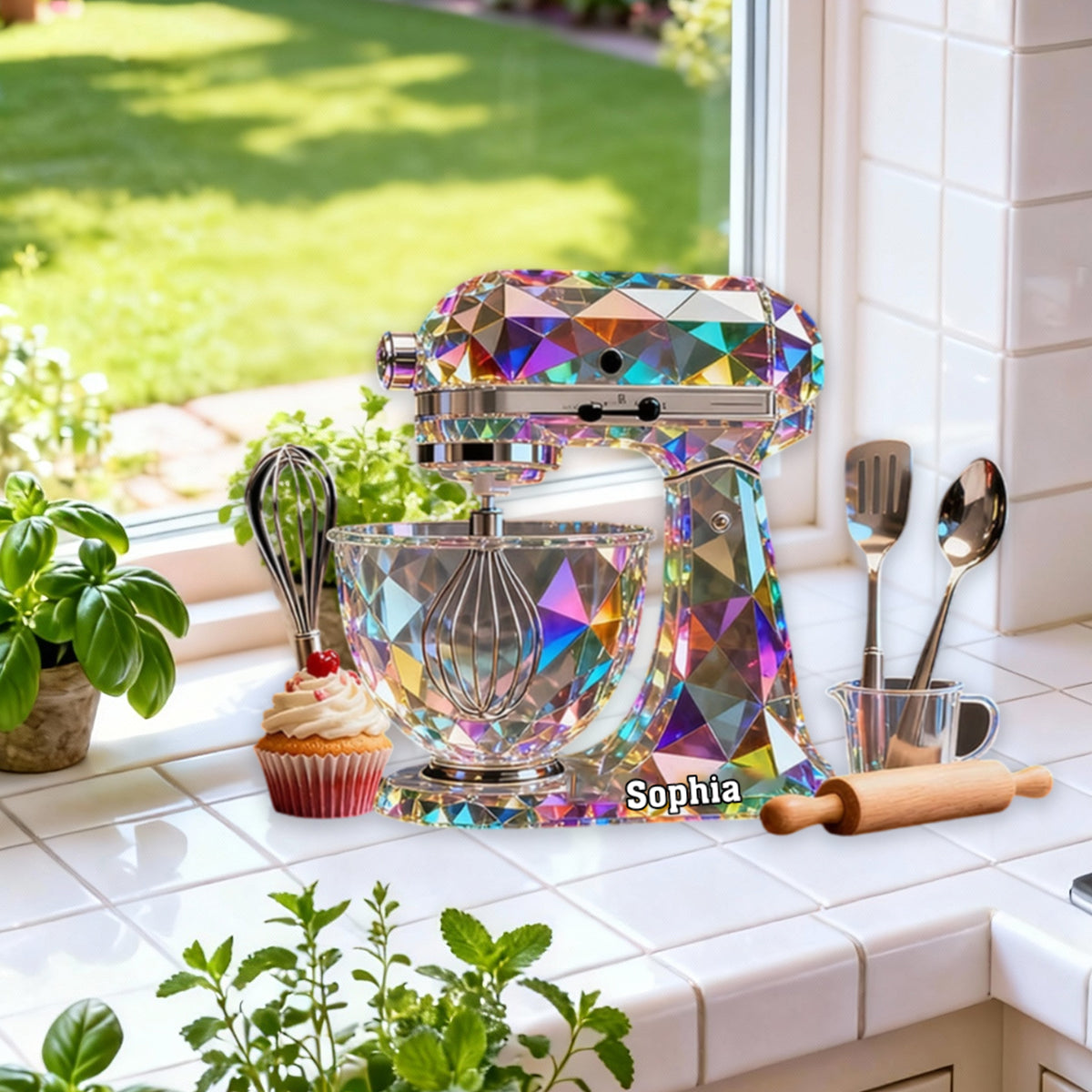 Dough Mixer Machine Custom Name Stained Glass Effect Acrylic Plaque, Gifts For Baking Lovers