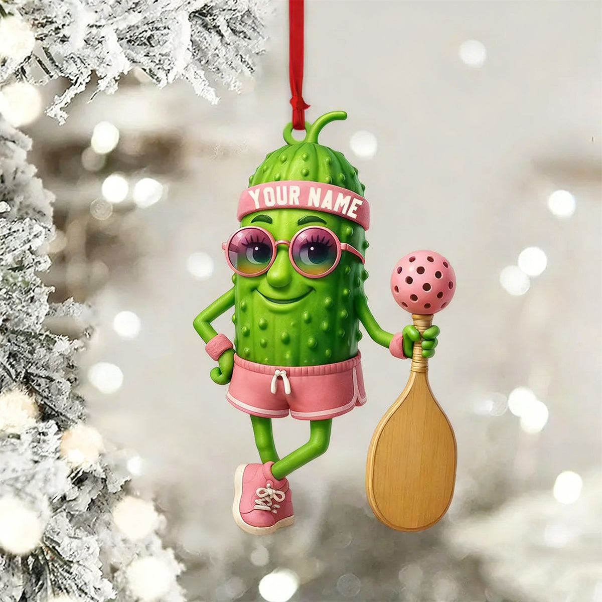 Personalized Sporty Cucumber Pickleball Christmas Acrylic Ornament