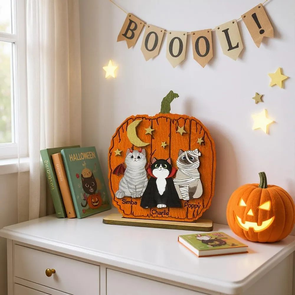 Halloween Cat Pumpkin Personalized 2-Layered Standing Wooden Plaque Gift For Cat Lover