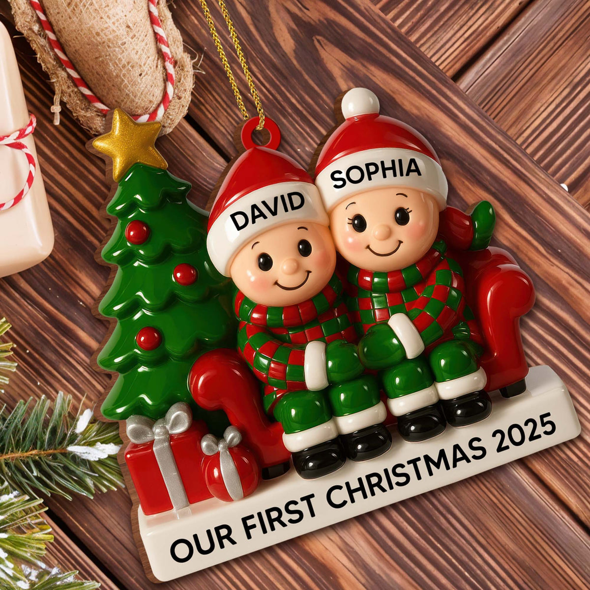 Couple Our First Christmas With Christmas Tree and Gifts, Personalized Wood Ornament