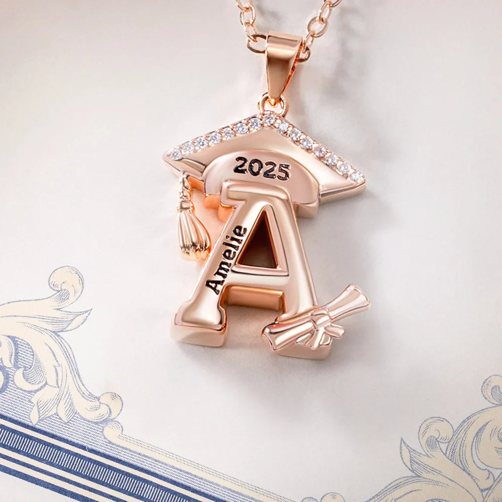 Engraved Name Personalized Bachelor Hat Graduation Initial Necklace