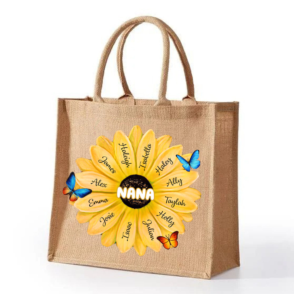 Personalized Grandma/Mom With Kids Name Flower Jute Tote Bag