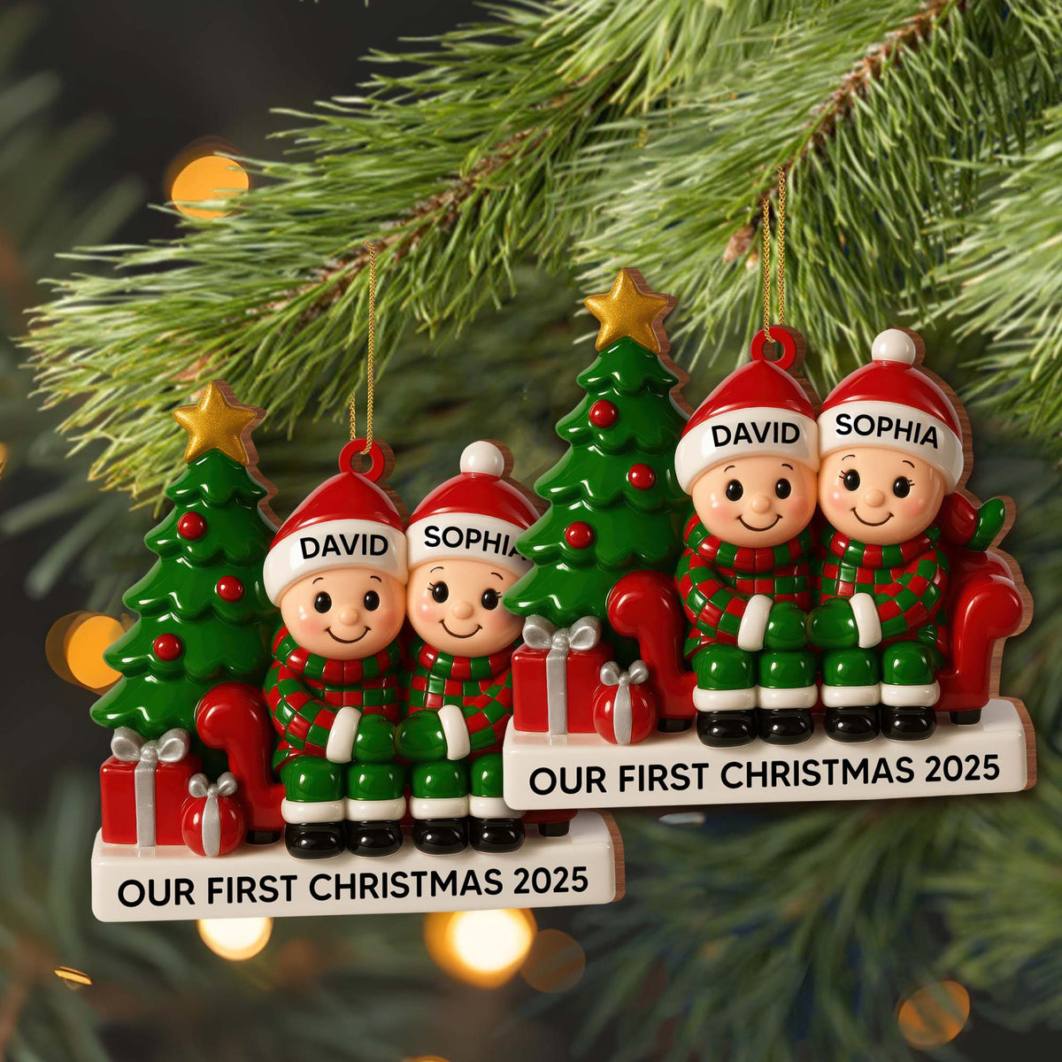 Couple Our First Christmas With Christmas Tree and Gifts, Personalized Wood Ornament