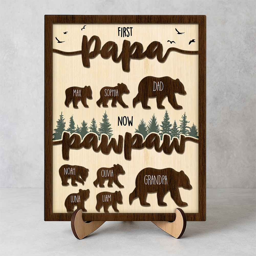 Papa Bear Family Personalized 2-Layered Wooden Plaque Gift For Dad, Grandpa