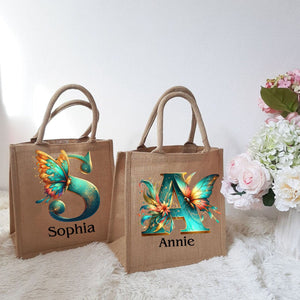 Personalized Coral Magnificent Butterfly Letter Name Jute Tote Bag