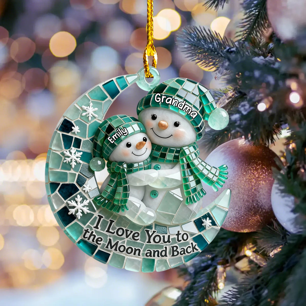 Personalized Sea Glass I Love You To The Moon and Back Snowman, Gift For Grandparents and Family Ornament