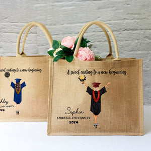 A Sweet Ending To A New Beginning - Personalized Jute Tote Bag - Graduation Gift