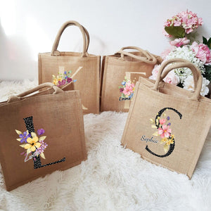 Personalized Alphabet Letter Floral Monogram Name Jute Tote Bag