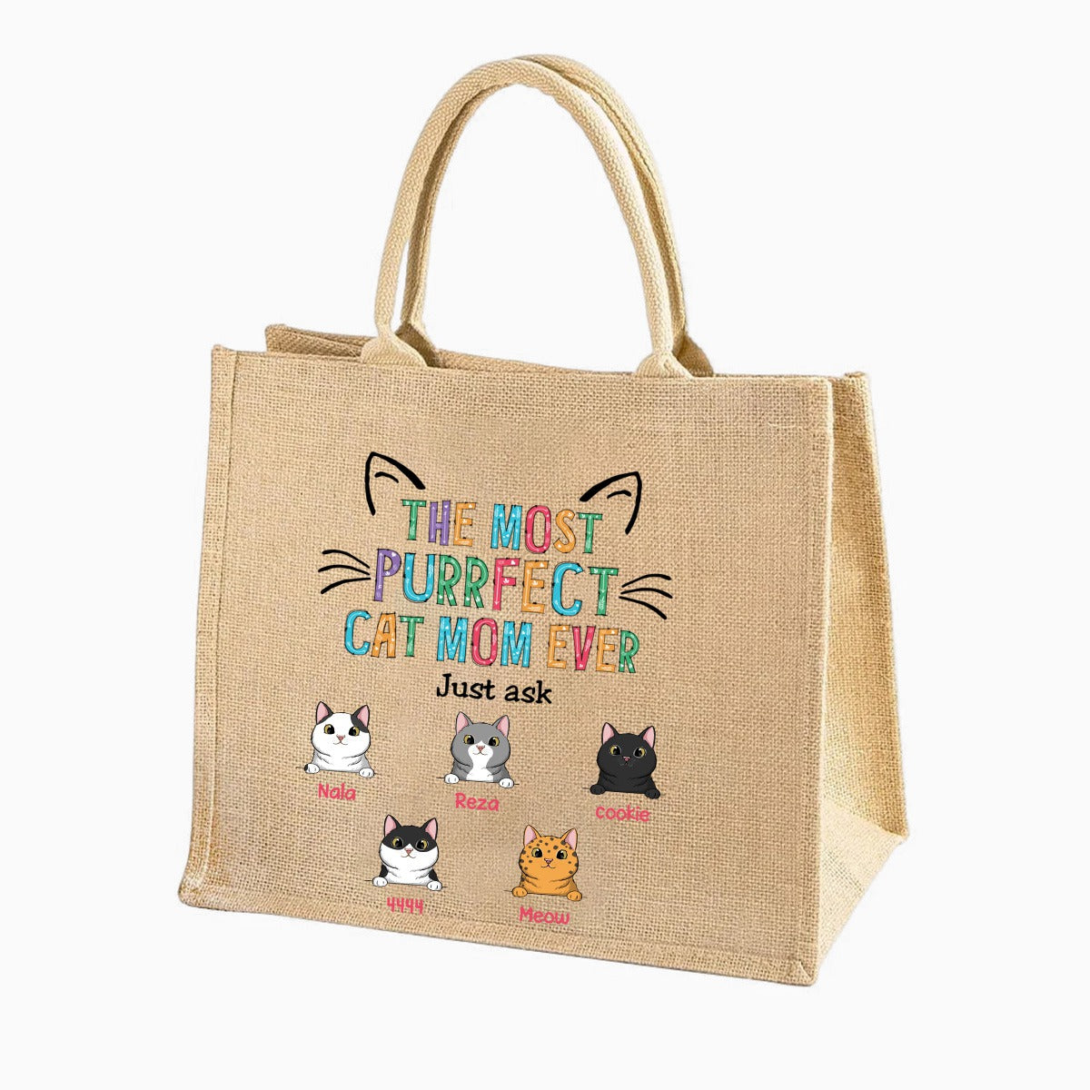 Personalized Cat Mom Jute Tote Bag