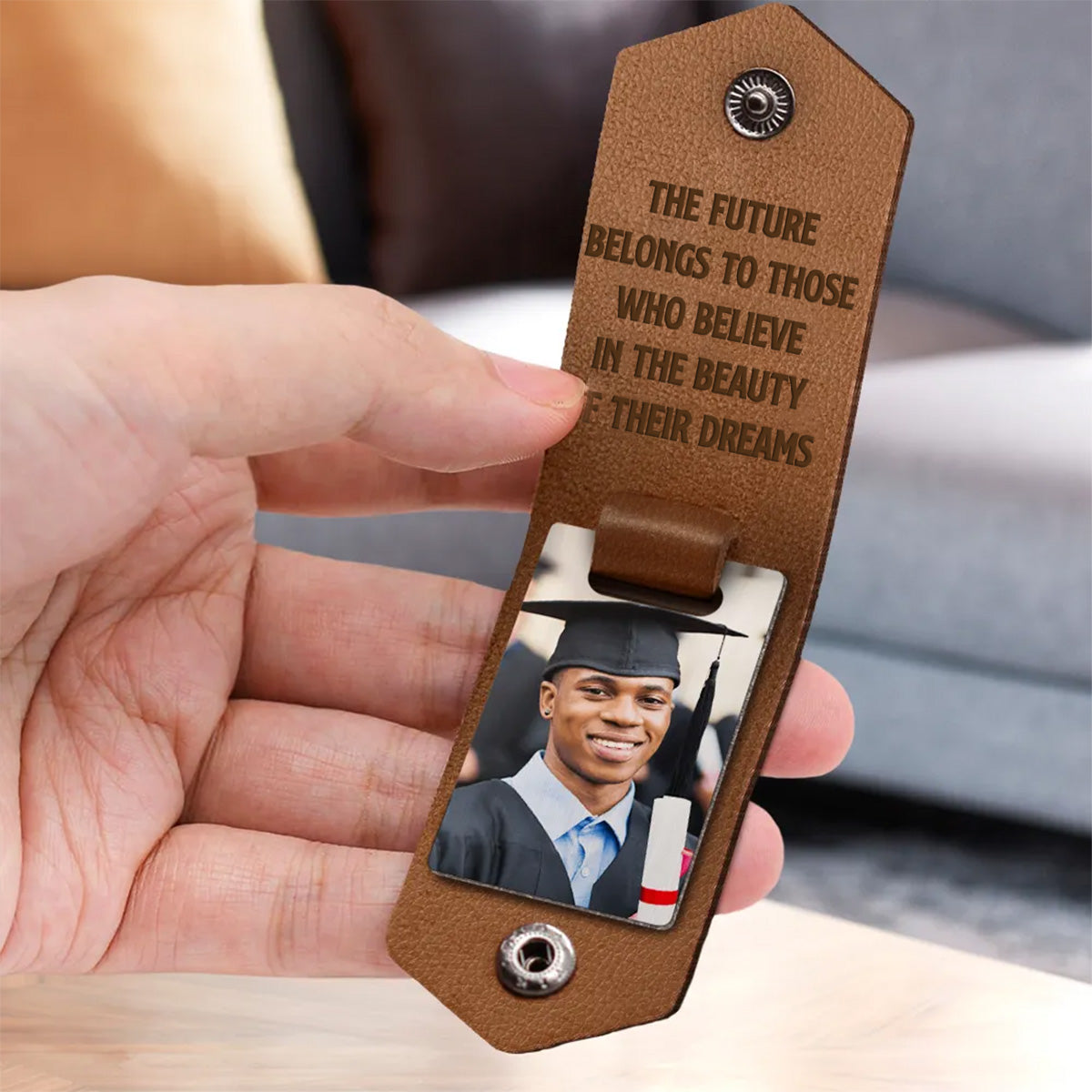 Let The Journey Begin Graduation Gift - Personalized Leather Photo Keychain