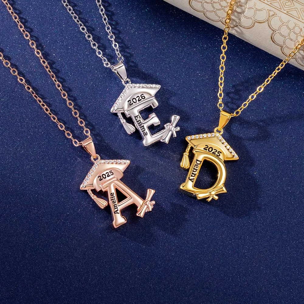 Engraved Name Personalized Bachelor Hat Graduation Initial Necklace