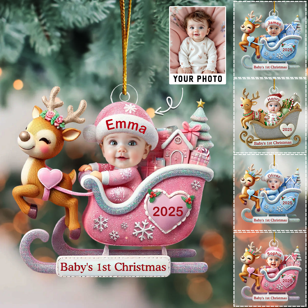 Baby In Reindeer Sleigh - Custom Photo Acrylic Ornament