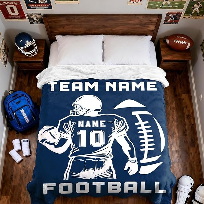 Personalized Football Blanket with Name Jersey Number, Custom Football Throw Blanket