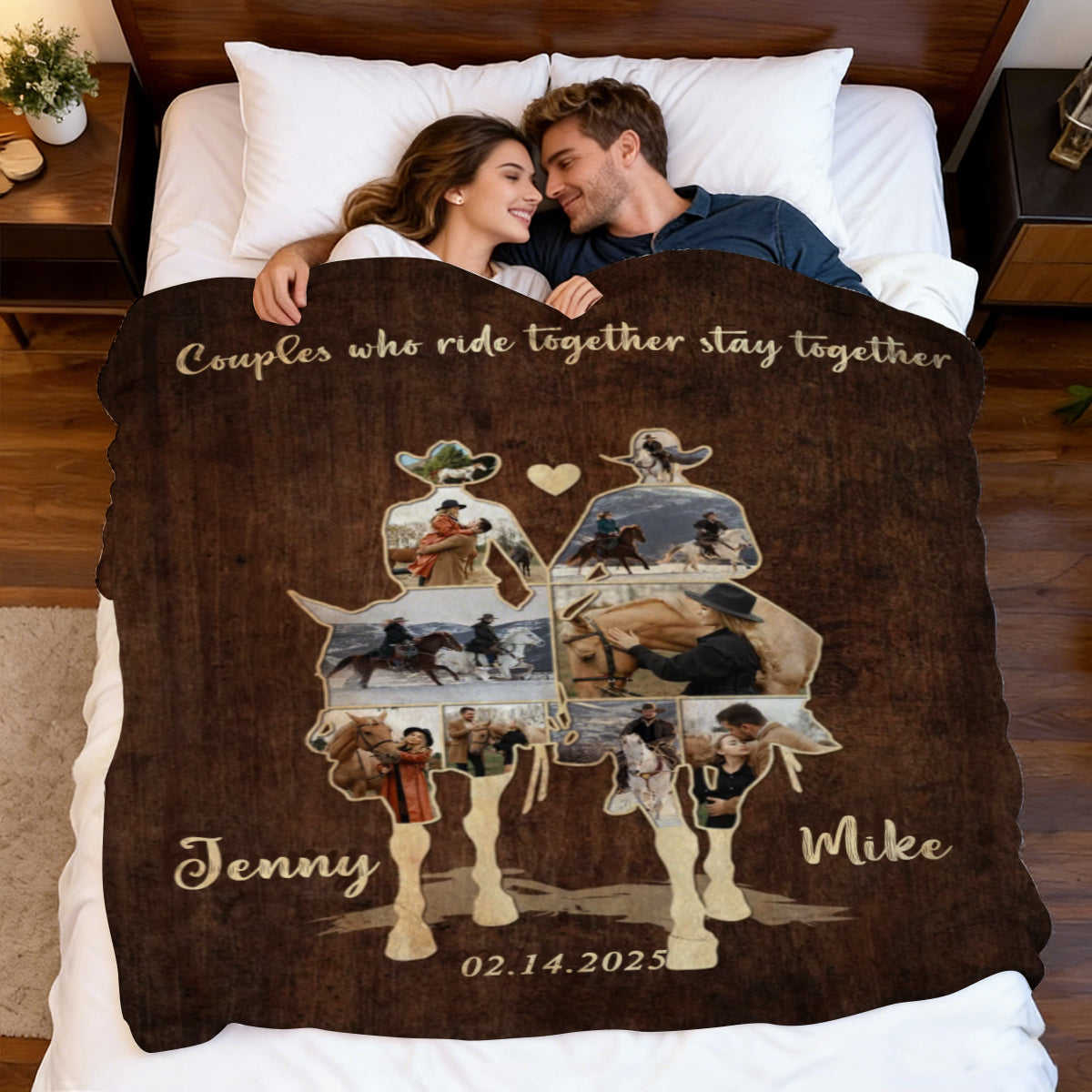 Custom Couple Cowboy Photo Collage Blanket , Personalized Couple Horse Riding Gift, Riding Partners Horse Riding Gifts