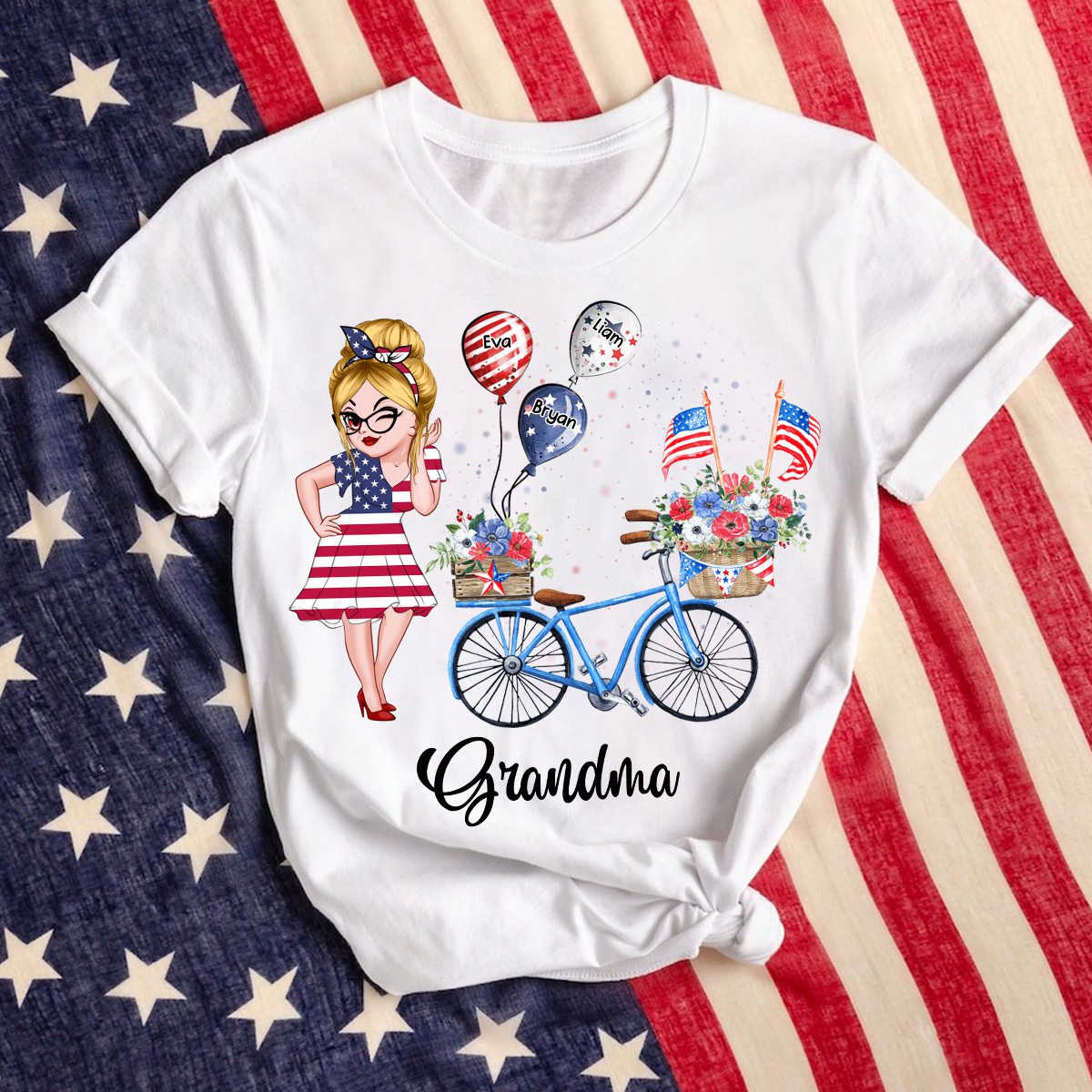 Personalized T-Shirt - 4th of July Grandma Mom Bike With Little Balloon Kids