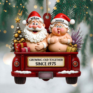 Growing Old Together Red Truck With Santa And Mrs. Claus Ornament, Custom Acrylic Ornament, Gift For Couples And Parents