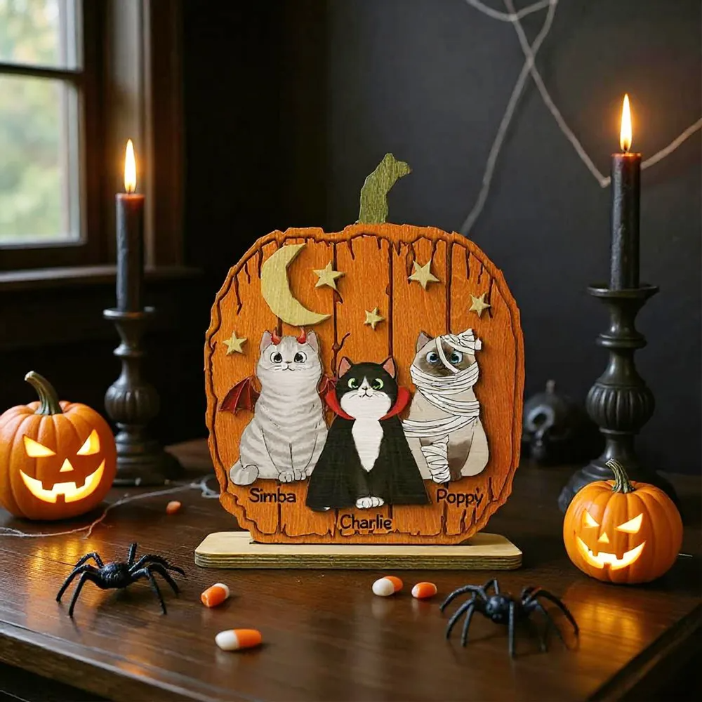 Halloween Cat Pumpkin Personalized 2-Layered Standing Wooden Plaque Gift For Cat Lover