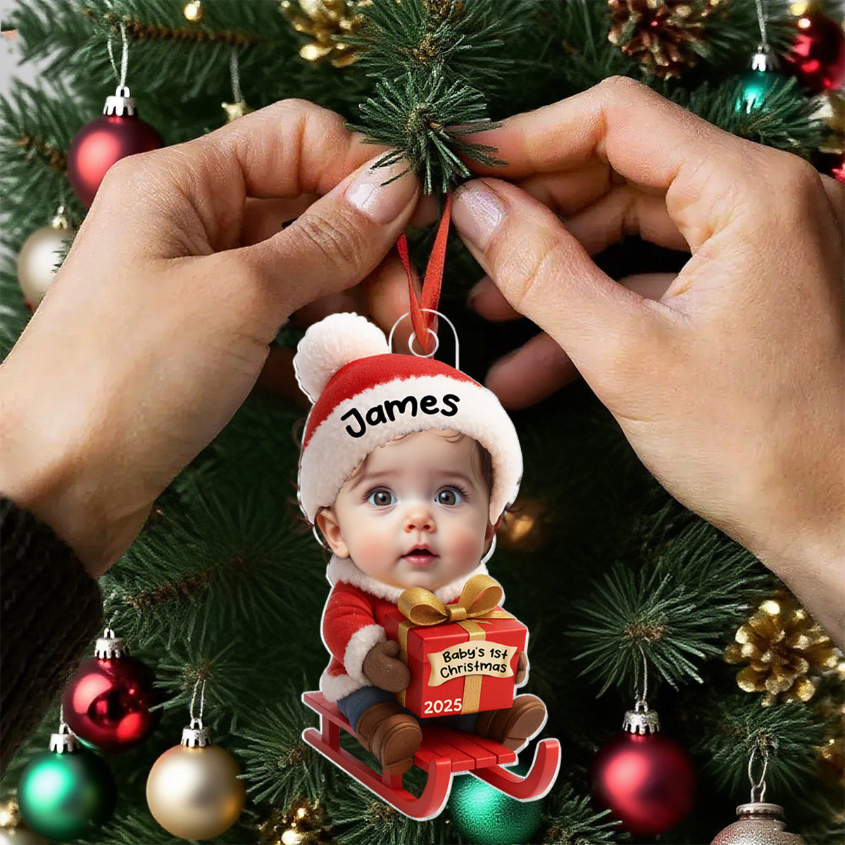 Baby Festive Cheer on a Sled Personalized Acrylic Christmas Ornament, 2025 Keepsake for Newborn