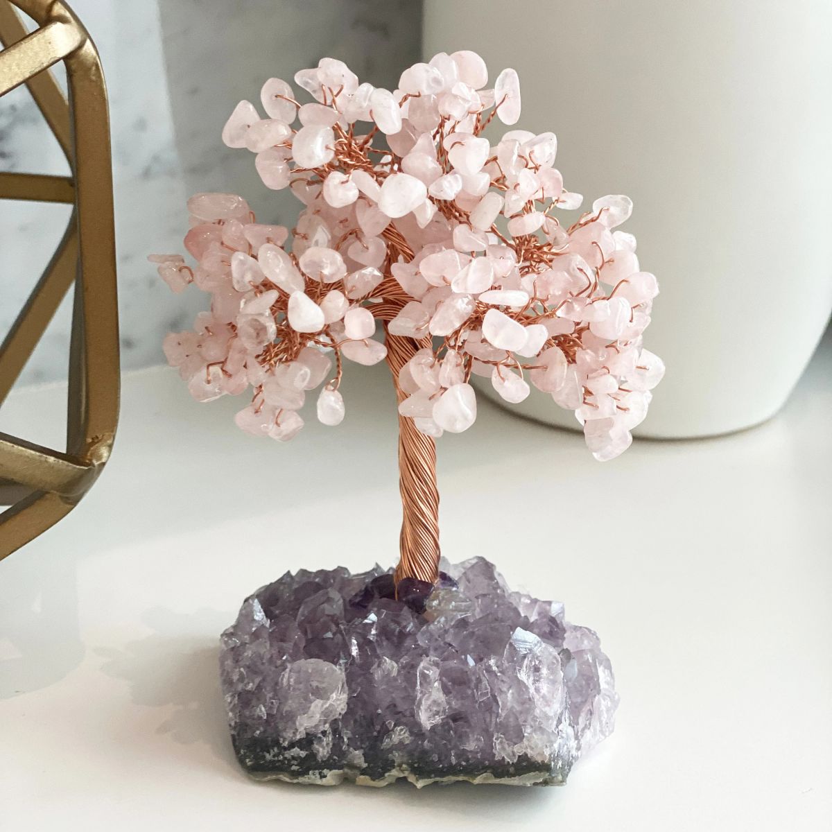 Crystal Tree Rose Quartz Tree Of Life with Amethyst Base - Amethyst Tree, Rose Quartz Tree