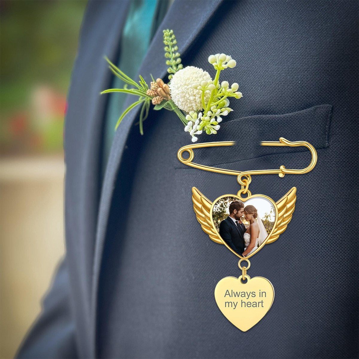 Personalized Angel Wing Wedding Bouquet Heart Picture Charms Brooch Pins