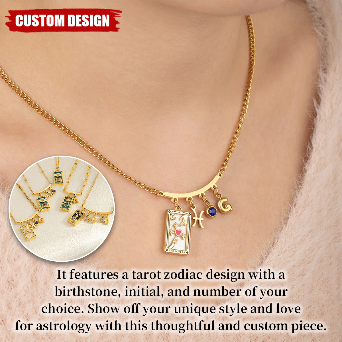 Personalized Tarot Zodiac Birthstone Initial Number Necklace Gift for Astrology Lovers