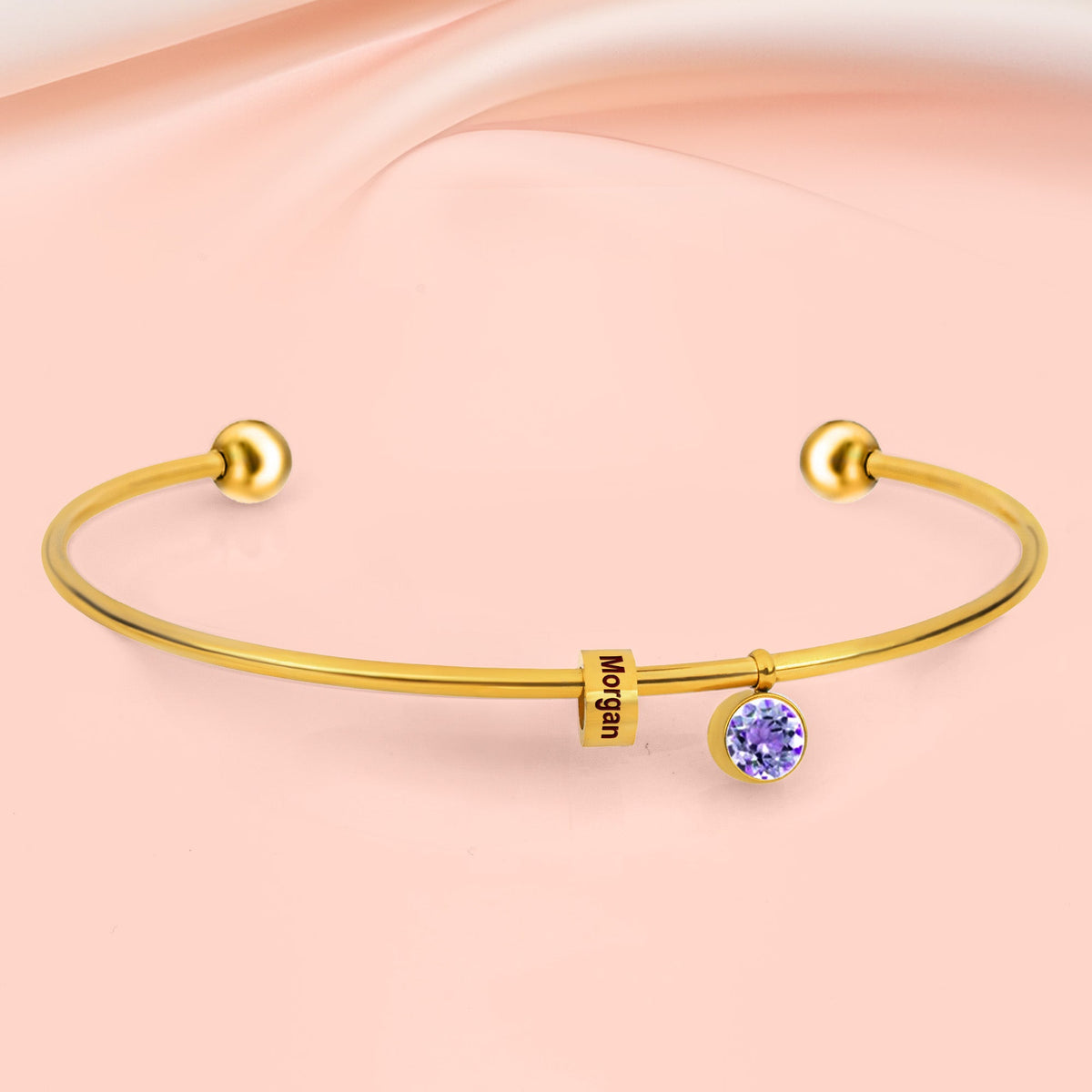 Personalized Engravable Bead Name Cuff Bracelet With Birthstone