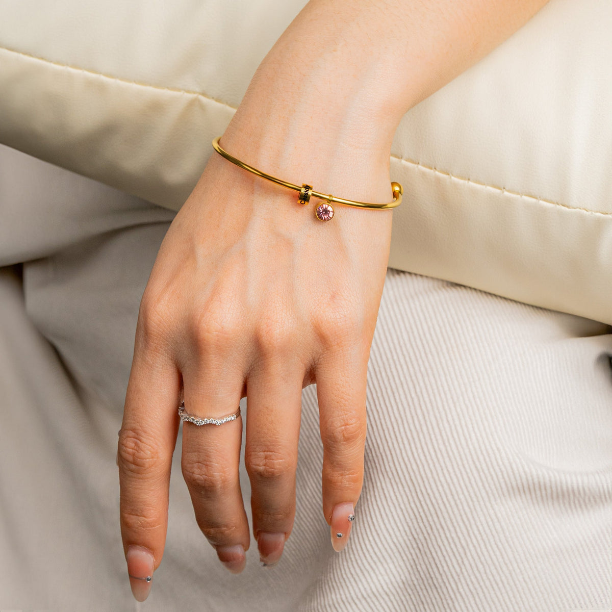 Personalized Engravable Bead Name Cuff Bracelet With Birthstone