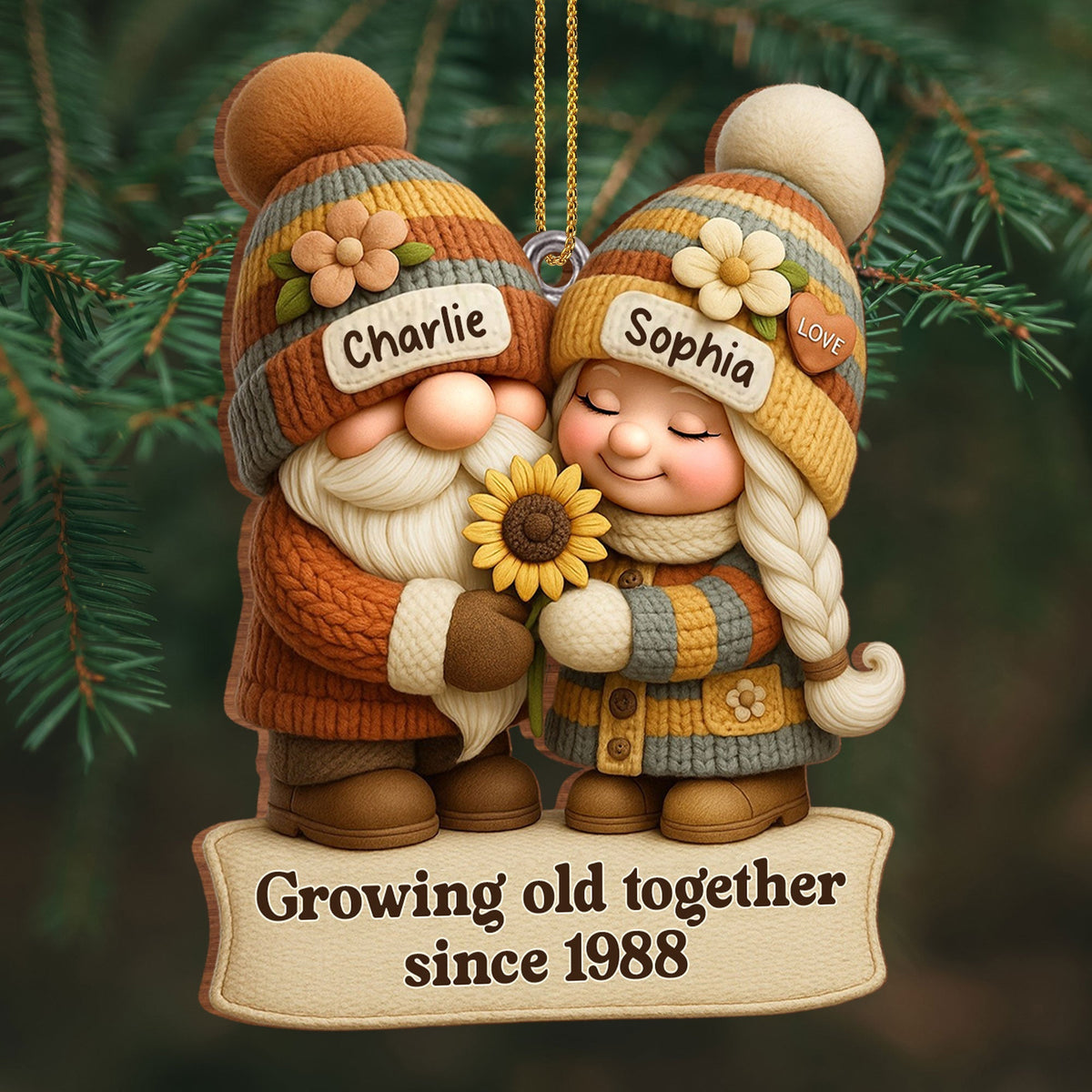 Growing Old Together Couple Ornament, Personalized Wood Ornament