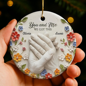 Clasped Hands And Flowers, Personalized Ceramic Ornament, Gift For Couples And Partners