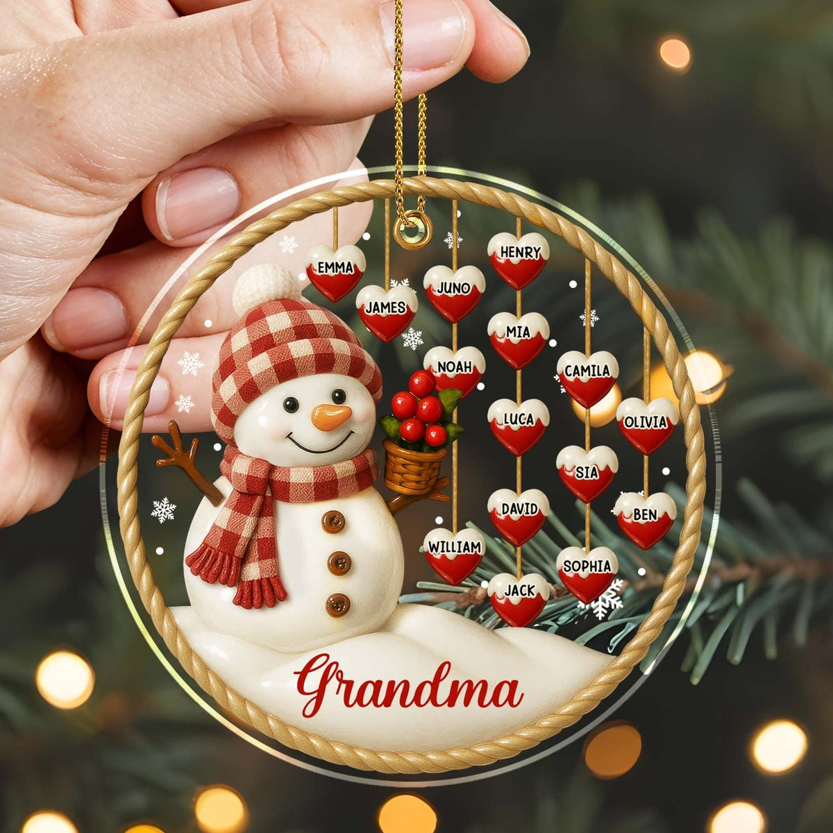 Snowman and Hearts Personalized Acrylic Ornament For Family