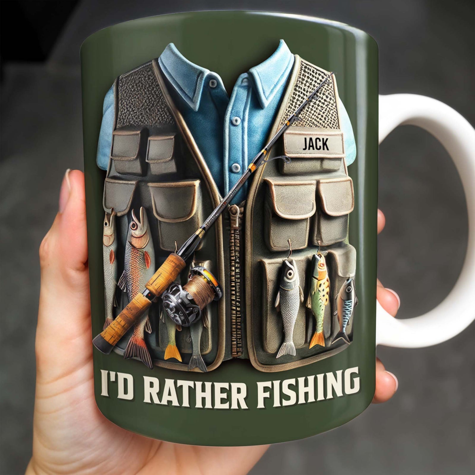 I'd Rather Be Fishing, Fishing Gear and Fish Design, Personalized Coffee Mug, Gift For Fishing Enthusiasts