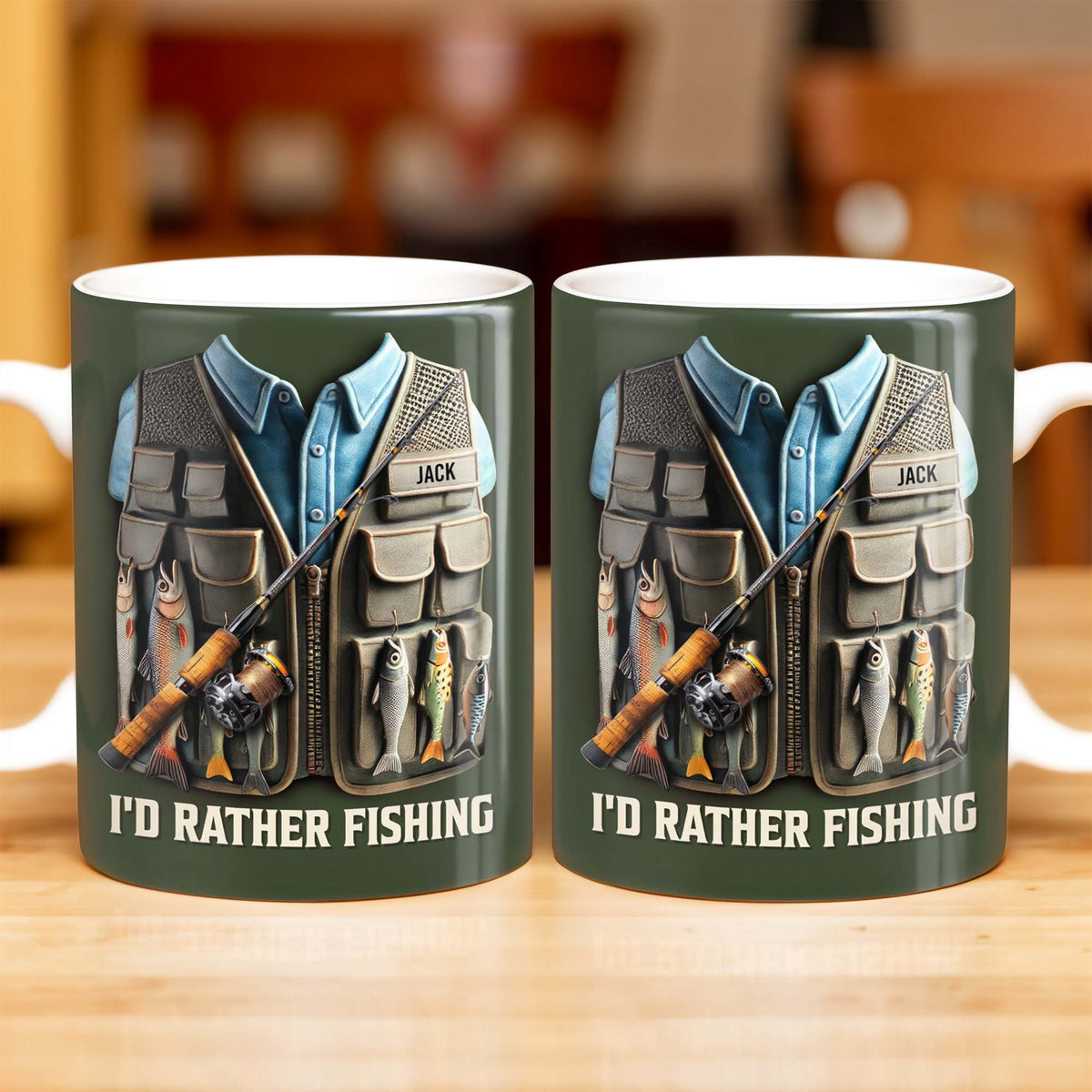 I'd Rather Be Fishing, Fishing Gear and Fish Design, Personalized Coffee Mug, Gift For Fishing Enthusiasts