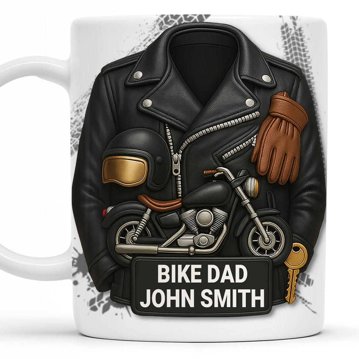 Bike Dad, Motorcycle and Leather Jacket, Personalized Coffee Mug, Gift For Dads and Bikers