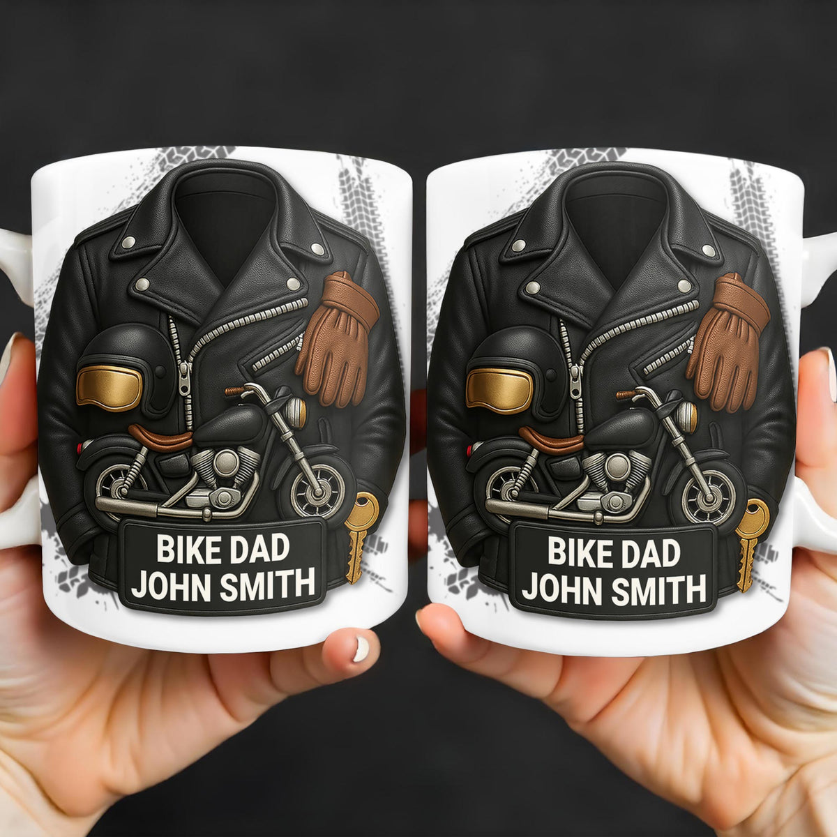 Bike Dad, Motorcycle and Leather Jacket, Personalized Coffee Mug, Gift For Dads and Bikers