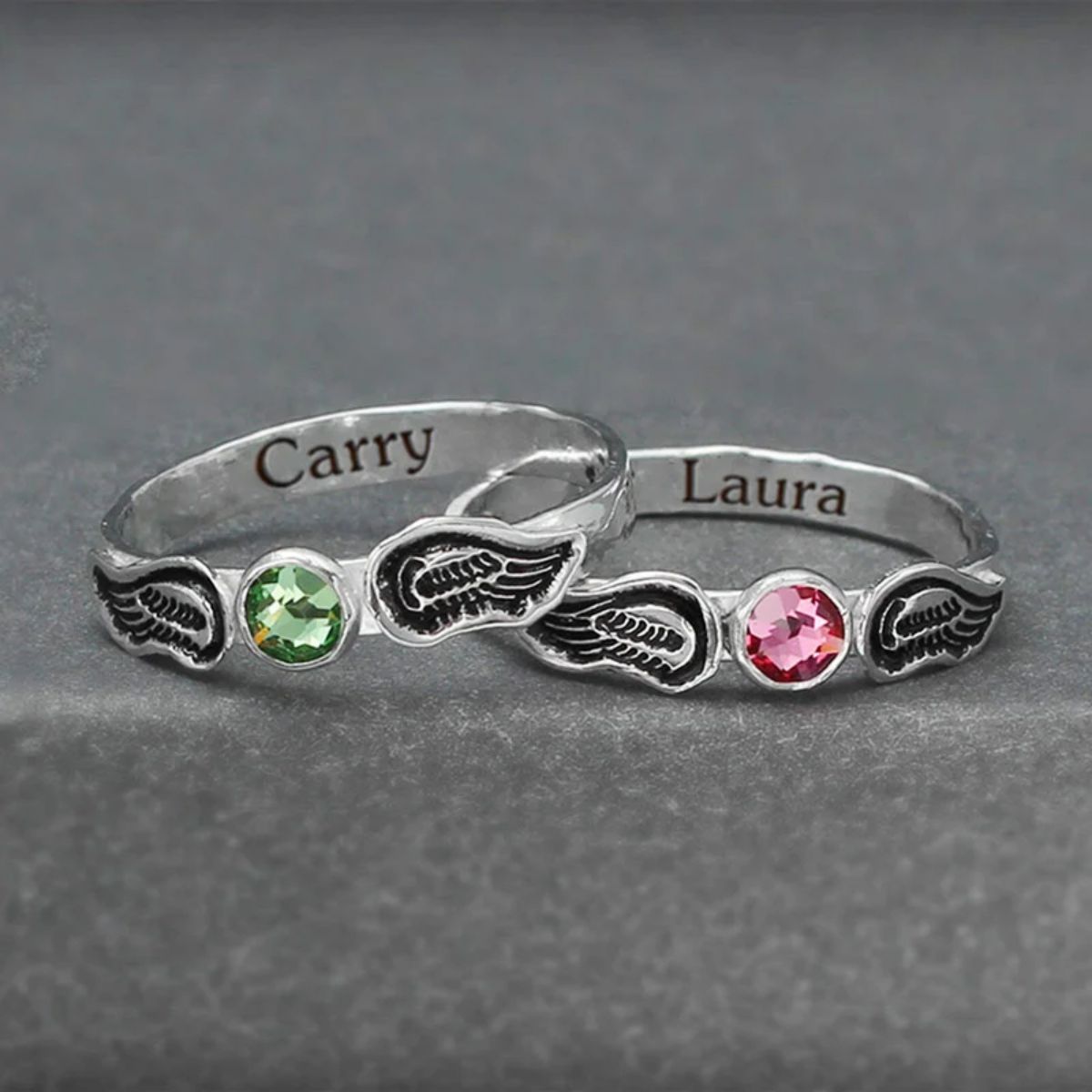 For Memorial - Personalized Name & Birthstone Angel Wing Ring