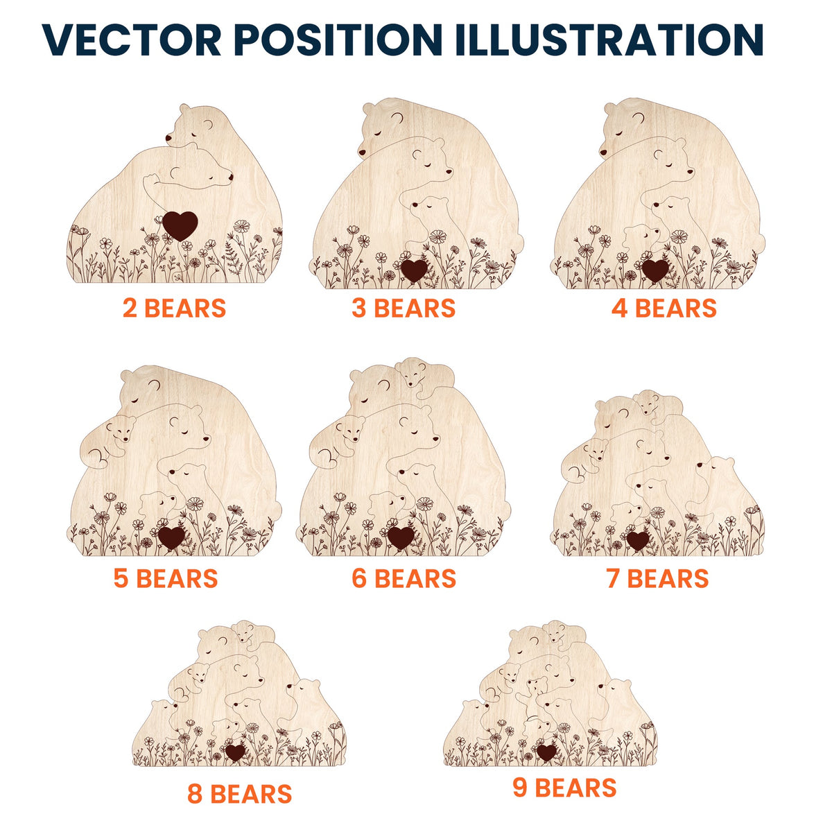 Hugging Bear Family Floral Version - Personalized Wooden Bear Family Puzzle
