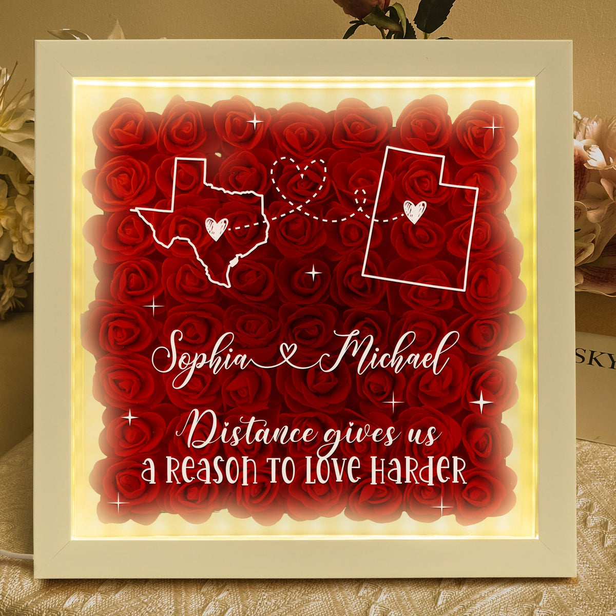 Long Distance Relationship For Couples - Personalized Flower Shadow Box With LED Light
