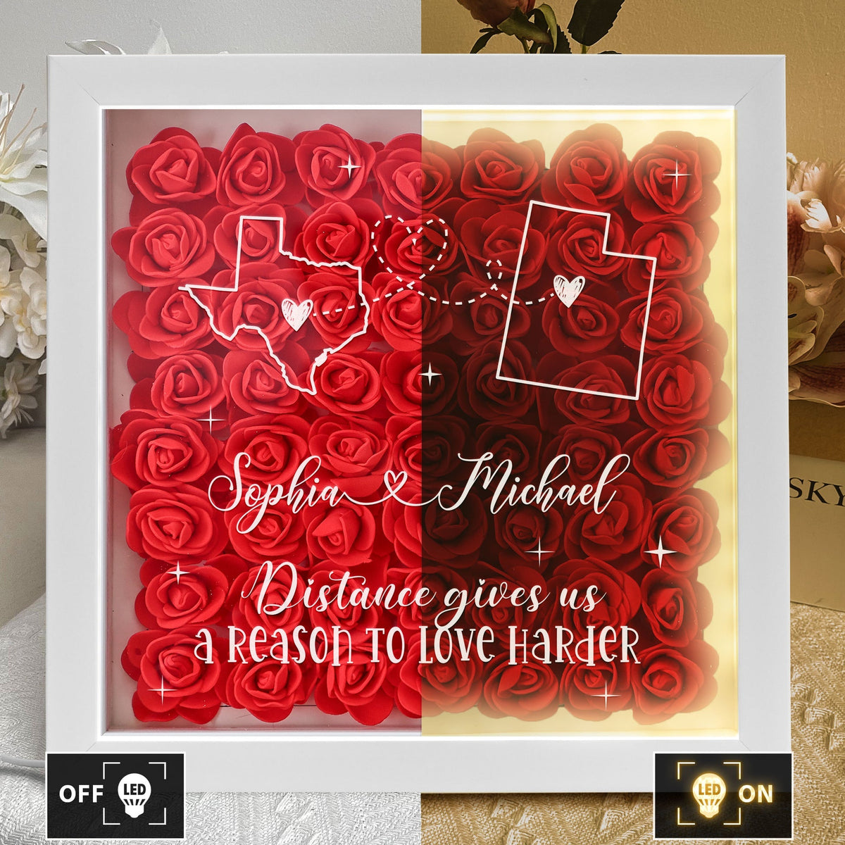 Long Distance Relationship For Couples - Personalized Flower Shadow Box With LED Light