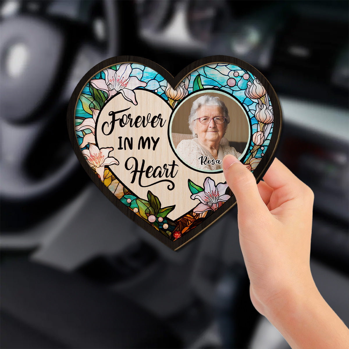 Forever In Our Hearts - Personalized Heart Flower Car Visor Clip