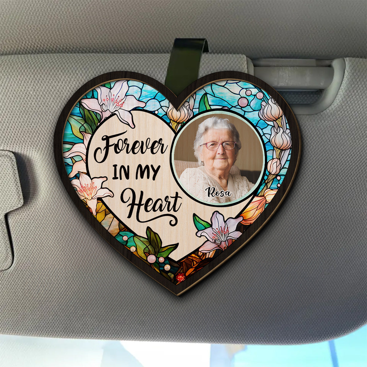 Forever In Our Hearts - Personalized Heart Flower Car Visor Clip