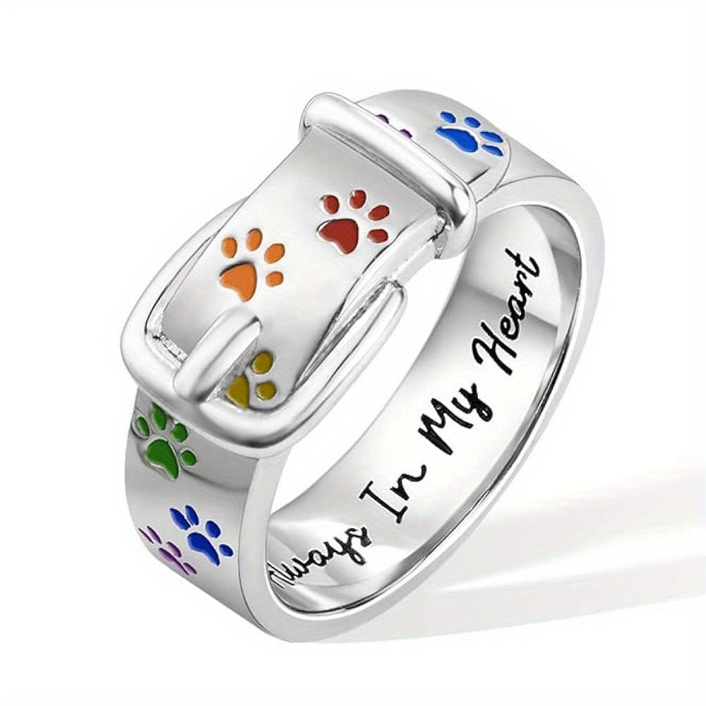 Always In My Heart, Colorful Paw Print Dog Collar-Shaped Ring