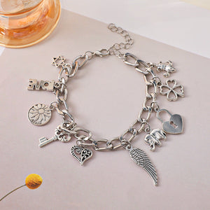 Vintage Engraved Heart Lock Key Wings Charm Ancient Silver Bracelet