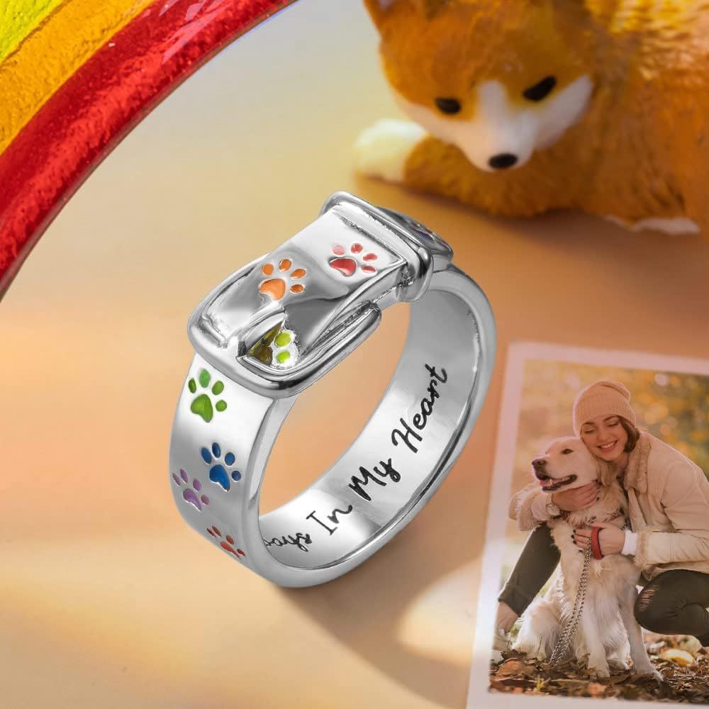 Always In My Heart, Colorful Paw Print Dog Collar-Shaped Ring