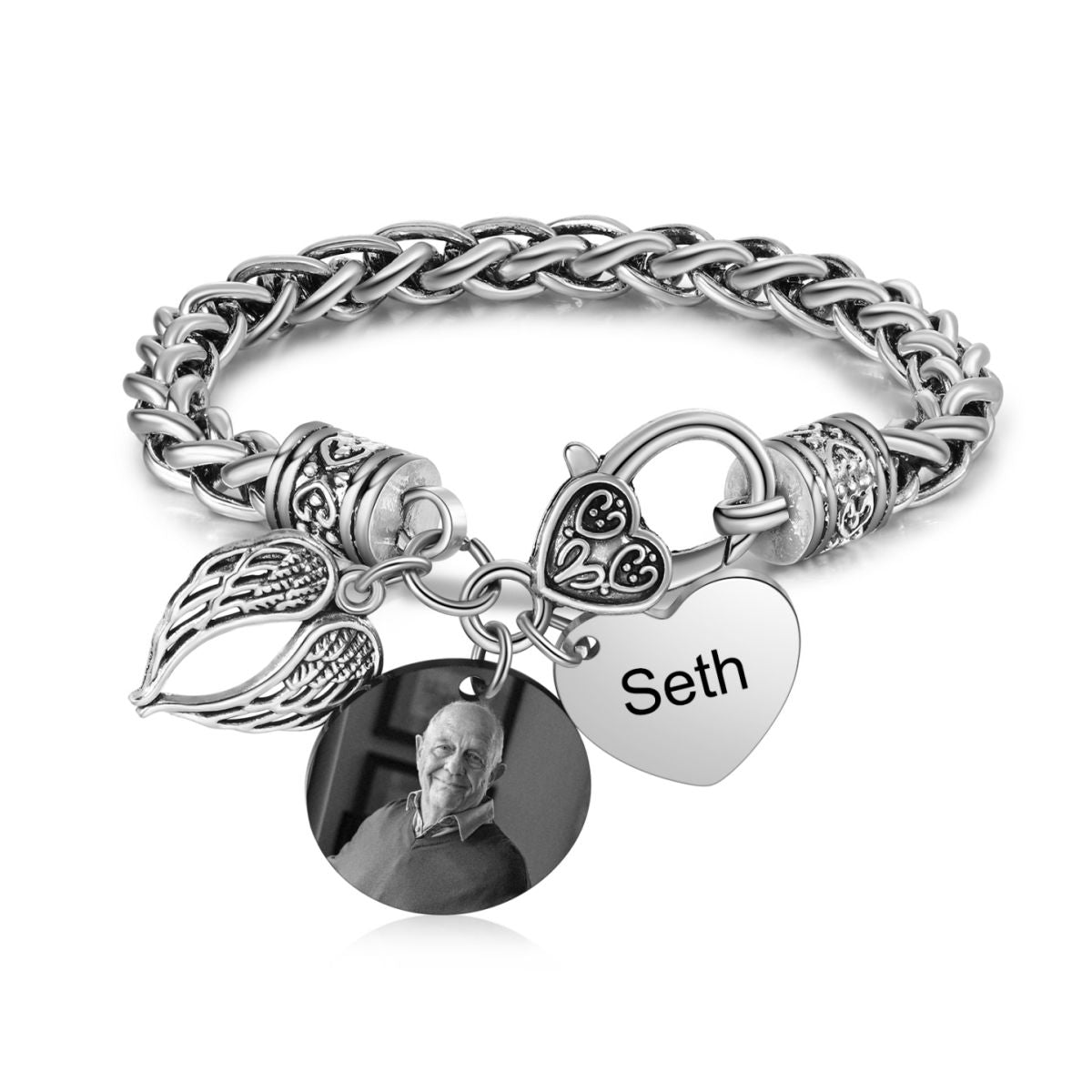 Personalized Memorial Heart Antique Bracelet with photo and engraved name